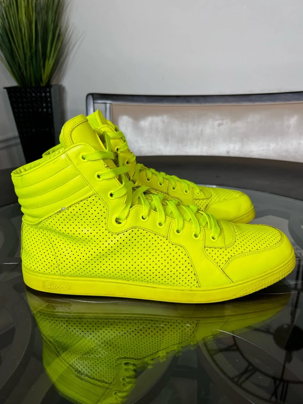 Gucci Coda Giallo Fluo Neon Yellow High-Top Sneakers Sz 14.5